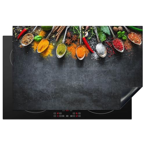 KitchenYeah© Herdabdeckplatte Einteilig Küche Ceranfeld Abdeckplatte Cerankochfeld Abdeckung Induktionskochfeld Schutzmatte Beton - Kräuter - Löffel - 80x52 cm von KitchenYeah