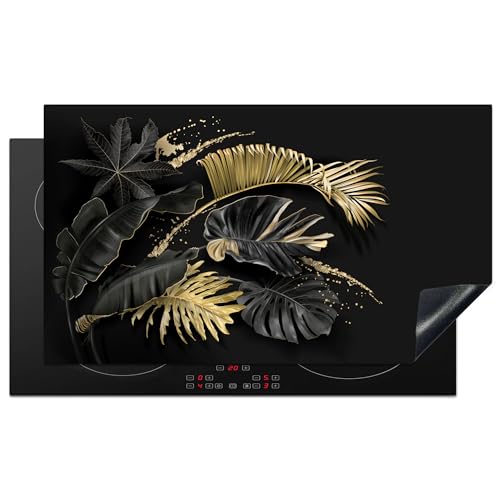 KitchenYeah© Herdabdeckplatte Einteilig Küche Ceranfeld Abdeckplatte Cerankochfeld Abdeckung Induktionskochfeld Schutzmatte Blätter - Schwarz - Gold - Luxus - Natur - Pflanzen - 91.6x52.7 cm von KitchenYeah