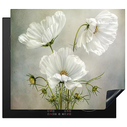 KitchenYeah© Herdabdeckplatte Einteilig Küche Ceranfeld Abdeckplatte Cerankochfeld Abdeckung Induktionskochfeld Schutzmatte Blumen - Mohn - Weiß - Botanik - Moderne - 59x51 cm von KitchenYeah