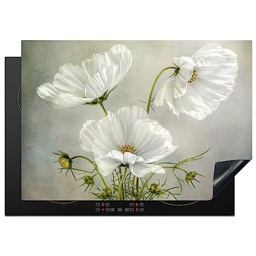 KitchenYeah© Herdabdeckplatte Einteilig Küche Ceranfeld Abdeckplatte Cerankochfeld Abdeckung Induktionskochfeld Schutzmatte Blumen - Mohn - Weiß - Botanik - Moderne - 75x52 cm von KitchenYeah