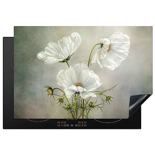 KitchenYeah© Herdabdeckplatte Einteilig Küche Ceranfeld Abdeckplatte Cerankochfeld Abdeckung Induktionskochfeld Schutzmatte Blumen - Mohn - Weiß - Botanik - Moderne - 77x51 cm von KitchenYeah
