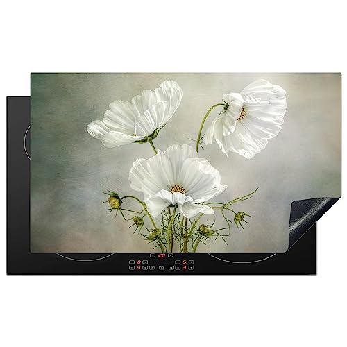 KitchenYeah© Herdabdeckplatte Einteilig Küche Ceranfeld Abdeckplatte Cerankochfeld Abdeckung Induktionskochfeld Schutzmatte Blumen - Mohn - Weiß - Botanik - Moderne - 91.2x52 cm von KitchenYeah