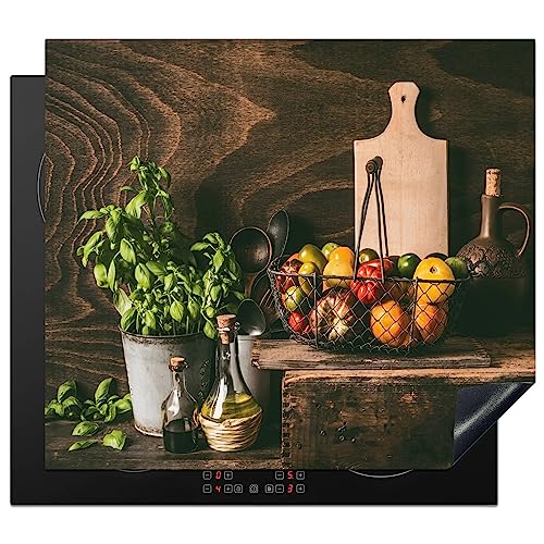 KitchenYeah© Herdabdeckplatte Einteilig Küche Ceranfeld Abdeckplatte Cerankochfeld Abdeckung Induktionskochfeld Schutzmatte Schneidebrett - Gemüse - Kräuter - Rustikal - Basilikum - 59x51 cm von KitchenYeah