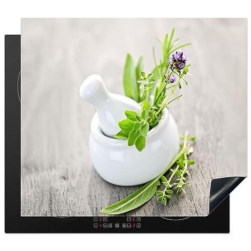 KitchenYeah© Herdabdeckplatte Einteilig Abdeckplatten Cerankochfeld Abdeckung Ceranfeld Herdplattenabdeckung Induktionsmatte Kräuter - Grün - Weiß - Gefäß - 57x51 cm von KitchenYeah
