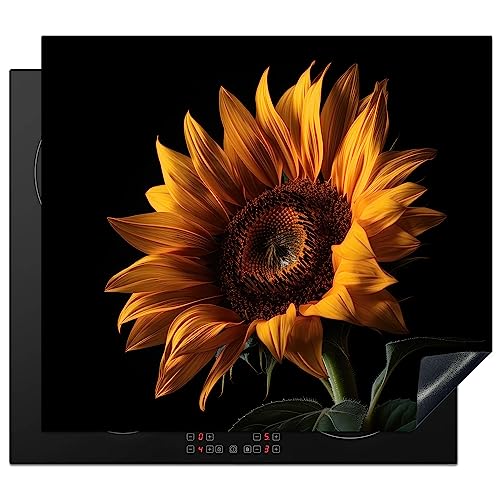 KitchenYeah© Herdabdeckplatte Einteilig Ceranfeld Abdeckplatte für Induktionsschutz Ceranfeldabdeckung Vinyl Herdabdeckplatten Blumen - Botanik - Schwarz - Sonnenblume - Gelb - 60x52 cm von KitchenYeah
