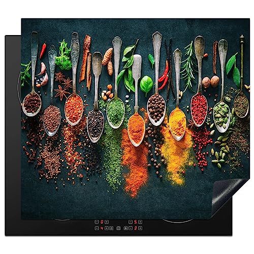 KitchenYeah© Herdabdeckplatte Einteilig Ceranfeld Abdeckplatte für Induktionsschutz Ceranfeldabdeckung Vinyl Herdabdeckplatten Kräuter - Gewürze - Löffel - Pfeffer - 57x51 cm von KitchenYeah