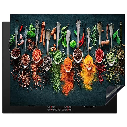 KitchenYeah© Herdabdeckplatte Einteilig Ceranfeld Abdeckplatte für Induktionsschutz Ceranfeldabdeckung Vinyl Herdabdeckplatten Kräuter - Gewürze - Löffel - Pfeffer - 65x52 cm von KitchenYeah