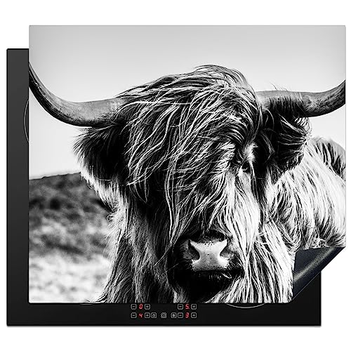 KitchenYeah© Herdabdeckplatte Einteilig Küche Ceranfeld Abdeckplatte Cerankochfeld Abdeckung Induktionskochfeld Schutzmatte Kuh - Schottisches Hochlandrind - Schwarz und Weiß - Natur - 57x51 cm von KitchenYeah