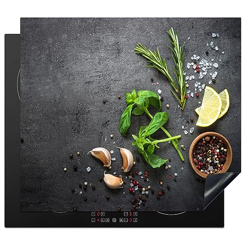 KitchenYeah© Herdabdeckplatte Einteilig Ceranfeld Abdeckplatte für Induktionsschutz Ceranfeldabdeckung Vinyl Herdabdeckplatten Limette - Kräuter - Gewürze - Grün - Beton - 58x51 cm von KitchenYeah