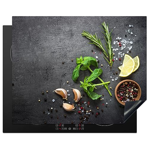 KitchenYeah© Herdabdeckplatte Einteilig Ceranfeld Abdeckplatte Induktionsschutz Küche Deko Vinyl Matte Aufrollbar Limette - Kräuter - Gewürze - Grün - Beton - 65x52 cm von KitchenYeah