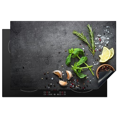 KitchenYeah© Herdabdeckplatte Einteilig Ceranfeld Abdeckplatte für Induktionsschutz Ceranfeldabdeckung Vinyl Herdabdeckplatten Limette - Kräuter - Gewürze - Grün - Beton - 80x52 cm von KitchenYeah