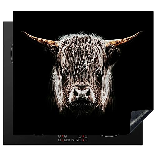 KitchenYeah© Herdabdeckplatte Einteilig Küche Herdabdeckung Induktionsfeld Ceranfeld Herdabdeckplatten Vinyl Matte Aufrollbar Schottisches Hochlandrind - Gold - Schwarz - Fell - Kuh - 60x52 cm von KitchenYeah