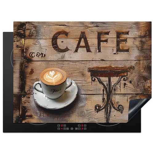 KitchenYeah© Herdabdeckplatte Einteilig Küche Herdabdeckung Ceranfeld Herdabdeckplatten Vinyl Matte Aufrollbar Cafe - Holz - Kaffee - Regale - 70x52 cm von KitchenYeah