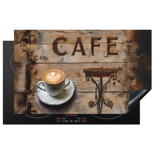 KitchenYeah© Herdabdeckplatte Einteilig Küche Herdabdeckung Ceranfeld Herdabdeckplatten Vinyl Matte Aufrollbar Cafe - Holz - Kaffee - Regale - 83x51 cm von KitchenYeah