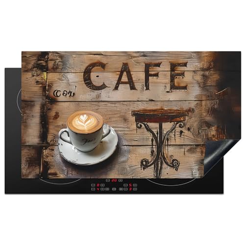 KitchenYeah© Herdabdeckplatte Einteilig Küche Herdabdeckung Ceranfeld Herdabdeckplatten Vinyl Matte Aufrollbar Cafe - Holz - Kaffee - Regale - 90x52 cm von KitchenYeah