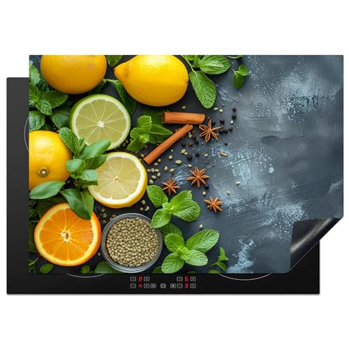 KitchenYeah© Herdabdeckplatte 75x52 cm Einteilig Küche Herdabdeckung Induktionsfeld Ceranfeld Herdabdeckplatten Vinyl Matte Aufrollbar Obst - Beton - Pflanzen - Zitrone - Zimt von KitchenYeah