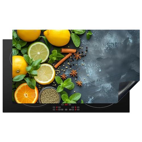 KitchenYeah© Herdabdeckplatte Einteilig Küche Herdabdeckung Ceranfeld Herdabdeckplatten Vinyl Matte Aufrollbar Obst - Beton - Pflanzen - Zitrone - Zimt von KitchenYeah