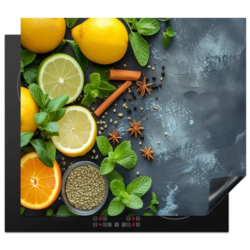 KitchenYeah© Herdabdeckplatte 59x51 cm Einteilig Küche Herdabdeckung Induktionsfeld Ceranfeld Herdabdeckplatten Vinyl Matte Aufrollbar Obst - Beton - Pflanzen - Zitrone - Zimt von KitchenYeah
