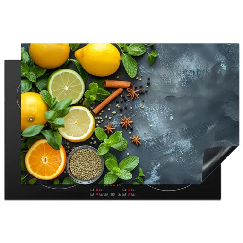 KitchenYeah© Herdabdeckplatte 80.2x52.2 cm Einteilig Küche Herdabdeckung Induktionsfeld Ceranfeld Herdabdeckplatten Vinyl Matte Aufrollbar Obst - Beton - Pflanzen - Zitrone - Zimt von KitchenYeah