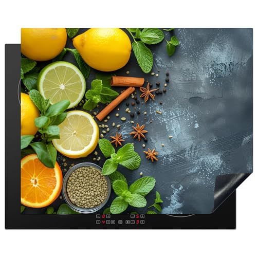 KitchenYeah© Herdabdeckplatte 65x52 cm Einteilig Küche Herdabdeckung Induktionsfeld Ceranfeld Herdabdeckplatten Vinyl Matte Aufrollbar Obst - Beton - Pflanzen - Zitrone - Zimt von KitchenYeah