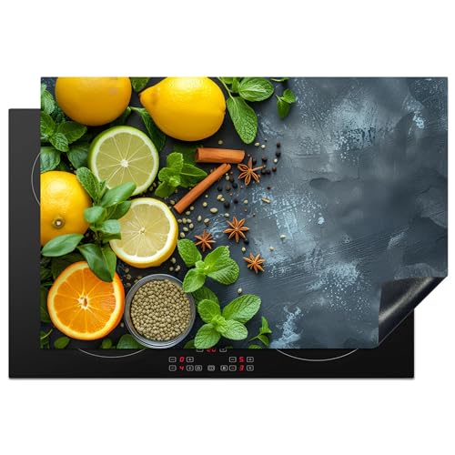 KitchenYeah© Herdabdeckplatte 77x51 cm Einteilig Küche Herdabdeckung Induktionsfeld Ceranfeld Herdabdeckplatten Vinyl Matte Aufrollbar Obst - Beton - Pflanzen - Zitrone - Zimt von KitchenYeah