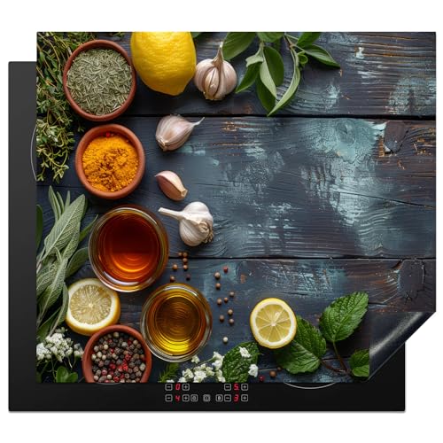 KitchenYeah© Herdabdeckplatte Einteilig Küche Herdabdeckung Induktionsfeld Ceranfeld Herdabdeckplatten Vinyl Matte Aufrollbar Vintage - Kräuter - Gewürze - Holzdruck - Stilleben - 60x52 cm von KitchenYeah