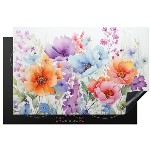 KitchenYeah© Herdabdeckplatte Einteilig Küche Herdabdeckung Induktionsfeld Ceranfeld Herdabdeckplatten Vinyl Matte Aufrollbar Aquarell - Blumen - Frühling - Natur - 80x52 cm von KitchenYeah