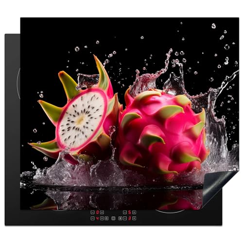 KitchenYeah© Herdabdeckplatte Einteilig Küche Herdabdeckung Induktionsfeld Ceranfeld Herdabdeckplatten Vinyl Matte Aufrollbar Drachenfrucht - Schwarz - Wasser - Obst - 58x51 cm von KitchenYeah