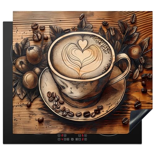 KitchenYeah© Herdabdeckplatte 58x51 cm Einteilig Küche Herdabdeckung Induktionsfeld Ceranfeld Herdabdeckplatten Vinyl Matte Aufrollbar Kaffee - Vintage - Braun - Tasse - Holz von KitchenYeah