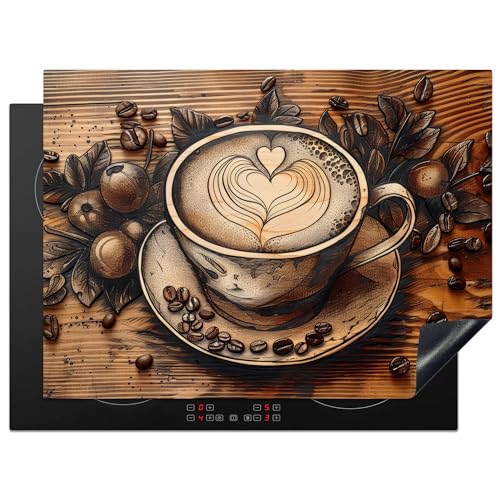 KitchenYeah© Herdabdeckplatte 71x52 cm Einteilig Küche Herdabdeckung Induktionsfeld Ceranfeld Herdabdeckplatten Vinyl Matte Aufrollbar Kaffee - Vintage - Braun - Tasse - Holz von KitchenYeah