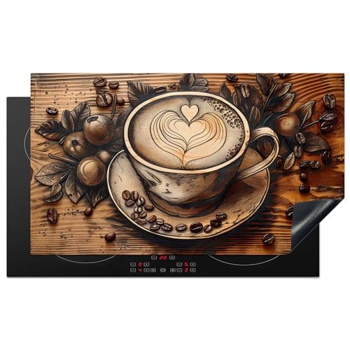 KitchenYeah© Herdabdeckplatte 91.6x52.7 cm Einteilig Küche Herdabdeckung Induktionsfeld Ceranfeld Herdabdeckplatten Vinyl Matte Aufrollbar Kaffee - Vintage - Braun - Tasse - Holz von KitchenYeah