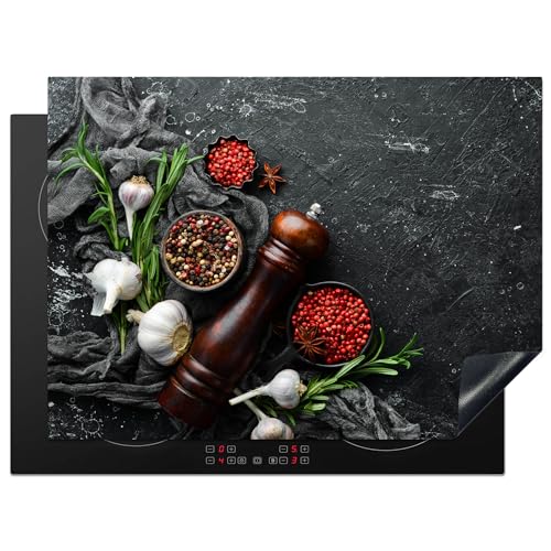 KitchenYeah© Herdabdeckplatte 70x52 cm Einteilig Küche Herdabdeckung Induktionsfeld Ceranfeld Herdabdeckplatten Vinyl Matte Aufrollbar Kräuter - Paprika - Knoblauch - Beton von KitchenYeah