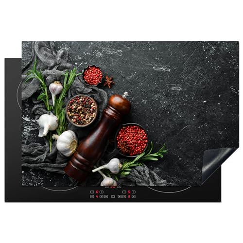KitchenYeah© Herdabdeckplatte 77x51 cm Einteilig Küche Herdabdeckung Induktionsfeld Ceranfeld Herdabdeckplatten Vinyl Matte Aufrollbar Kräuter - Paprika - Knoblauch - Beton von KitchenYeah