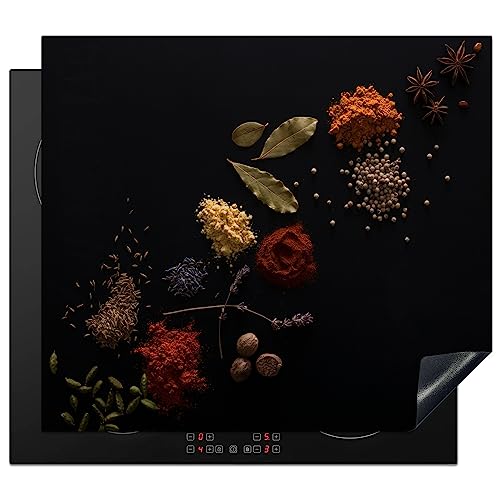 KitchenYeah© Herdabdeckplatte Einteilig Küche Herdabdeckung Induktionsfeld Ceranfeld Herdabdeckplatten Vinyl Matte Aufrollbar Kräuter - Schwarz - Gewürze - Kochen - Zimt - 58x51 cm von KitchenYeah