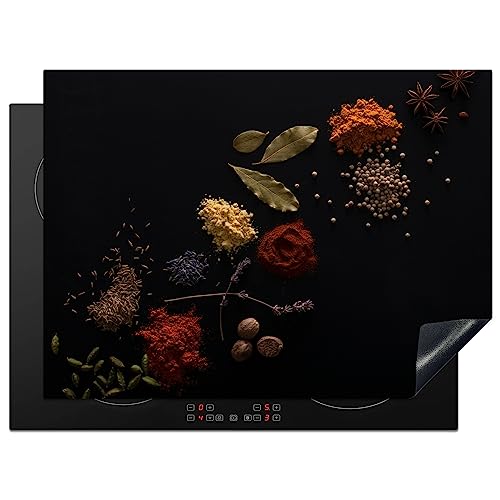 KitchenYeah© Herdabdeckplatte Einteilig Küche Herdabdeckung Induktionsfeld Ceranfeld Herdabdeckplatten Vinyl Matte Aufrollbar Kräuter - Schwarz - Gewürze - Kochen - Zimt - 70x52 cm von KitchenYeah