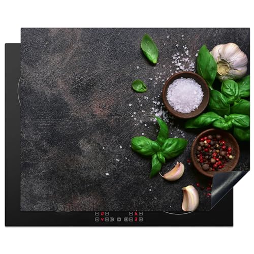 KitchenYeah© Herdabdeckplatte 65x52 cm Einteilig Küche Herdabdeckung Induktionsfeld Ceranfeld Herdabdeckplatten Vinyl Matte Aufrollbar Kräuter - Stilleben - Beton von KitchenYeah
