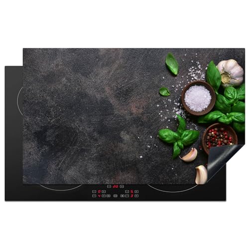 KitchenYeah© Herdabdeckplatte 83x51 cm Einteilig Küche Herdabdeckung Induktionsfeld Ceranfeld Herdabdeckplatten Vinyl Matte Aufrollbar Kräuter - Stilleben - Beton von KitchenYeah