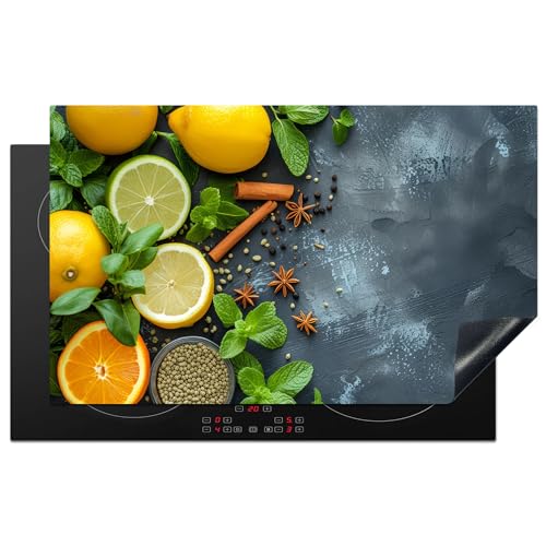 KitchenYeah© Herdabdeckplatte 83x51 cm Einteilig Küche Herdabdeckung Induktionsfeld Ceranfeld Herdabdeckplatten Vinyl Matte Aufrollbar Obst - Beton - Pflanzen - Zitrone - Zimt von KitchenYeah