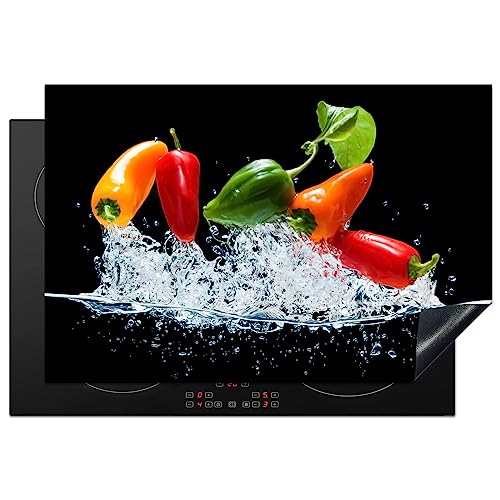KitchenYeah© Herdabdeckplatte Einteilig Küche Herdabdeckung Induktionsfeld Ceranfeld Herdabdeckplatten Vinyl Matte Aufrollbar Pfeffer - Rot - Schwarz - Gemüse - Wasser - Blatt - Farbe - 78x52 cm von KitchenYeah