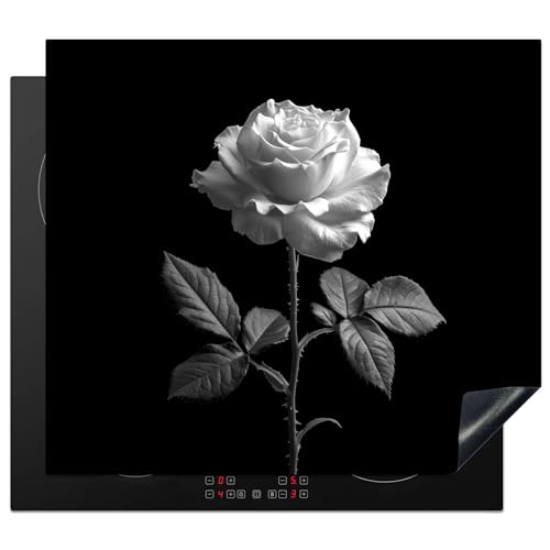 KitchenYeah© Herdabdeckplatte Einteilig Küche Herdabdeckung Induktionsfeld Ceranfeld Herdabdeckplatten Vinyl Matte Aufrollbar Rose - Schwarz und weiß - Blumen - Natur - 59x52 cm von KitchenYeah