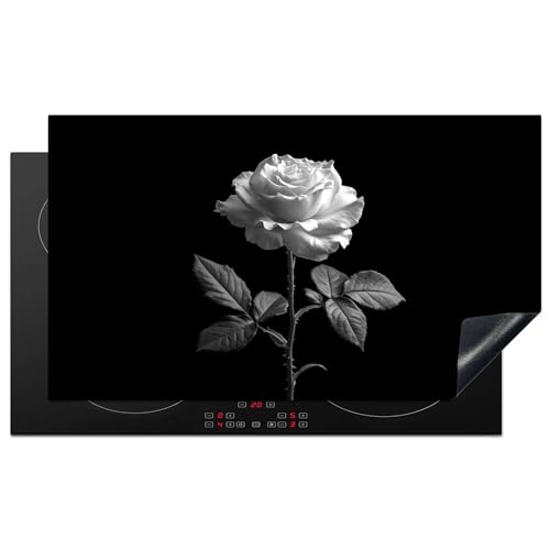KitchenYeah© Herdabdeckplatte Einteilig Küche Herdabdeckung Induktionsfeld Ceranfeld Herdabdeckplatten Vinyl Matte Aufrollbar Rose - Schwarz und weiß - Blumen - Natur - 90x52 cm von KitchenYeah