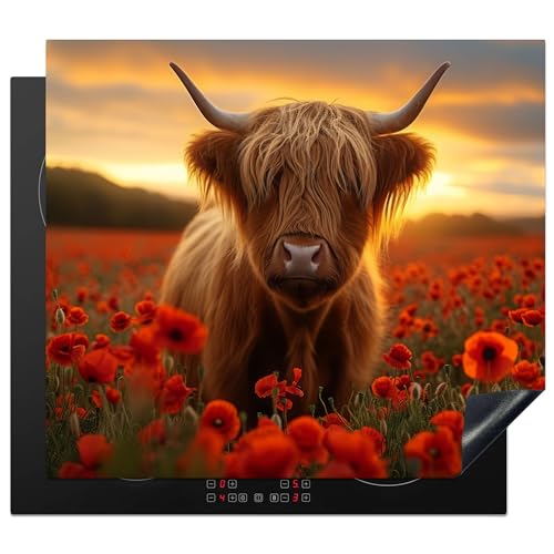 KitchenYeah© Herdabdeckplatte Einteilig Küche Herdabdeckung Induktionsfeld Ceranfeld Herdabdeckplatten Vinyl Matte Aufrollbar Schottisches Hochlandrind - Rosen - Blumenfeld - Kuh - 60x52 cm von KitchenYeah