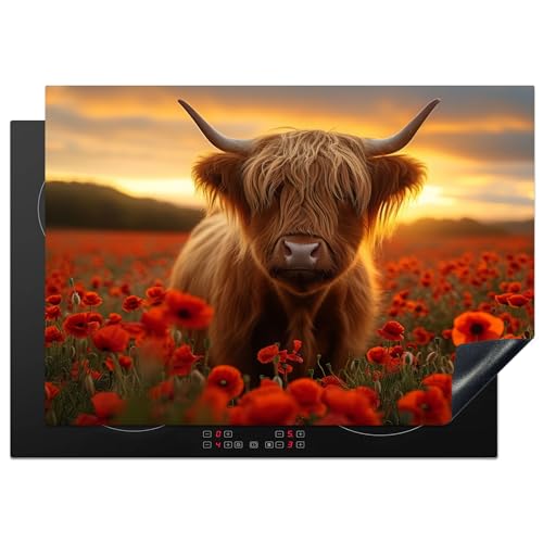 KitchenYeah© Herdabdeckplatte Einteilig Küche Herdabdeckung Induktionsfeld Ceranfeld Herdabdeckplatten Vinyl Matte Aufrollbar Schottisches Hochlandrind - Rosen - Blumenfeld - Kuh - 75x52 cm von KitchenYeah