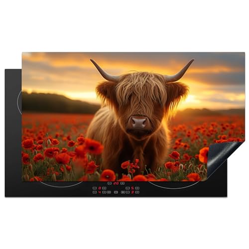 KitchenYeah© Herdabdeckplatte Einteilig Küche Herdabdeckung Induktionsfeld Ceranfeld Herdabdeckplatten Vinyl Matte Aufrollbar Schottisches Hochlandrind - Rosen - Blumenfeld - Kuh - 91.2x52 cm von KitchenYeah