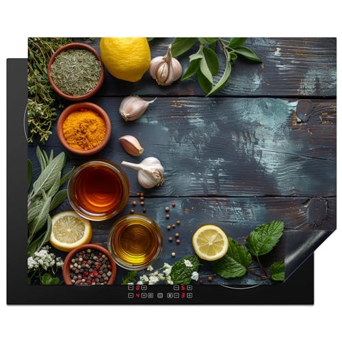 KitchenYeah© Herdabdeckplatte Einteilig Küche Herdabdeckung Induktionsfeld Ceranfeld Herdabdeckplatten Vinyl Matte Aufrollbar Vintage - Kräuter - Gewürze - Holzdruck - Stilleben - 65x52 cm von KitchenYeah