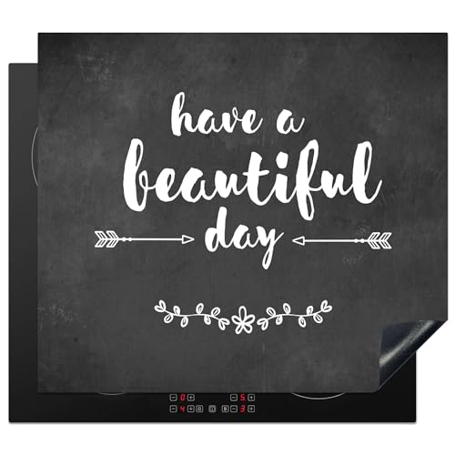 KitchenYeah© Herdabdeckplatte Einteilig Küche Herdabdeckung Induktionsfeld Ceranfeld Herdabdeckplatten Vinyl Matte Aufrollbar Zitat - Einen schönen Tag - Grau - Weiß - Betondruck - 58x51 cm von KitchenYeah