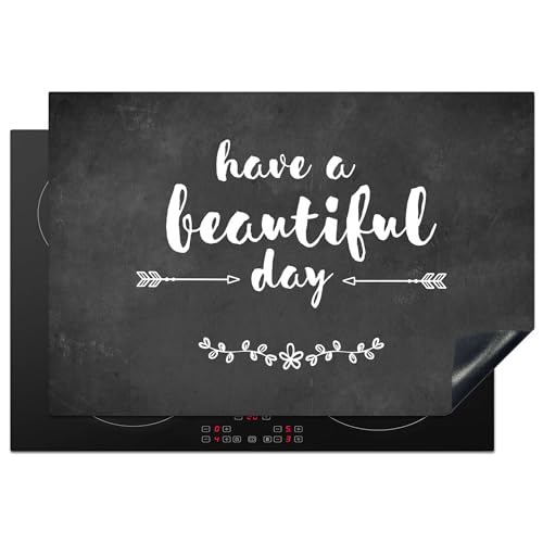 KitchenYeah© Herdabdeckplatte Einteilig Küche Herdabdeckung Induktionsfeld Ceranfeld Herdabdeckplatten Vinyl Matte Aufrollbar Zitat - Einen schönen Tag - Grau - Weiß - Betondruck - 78x52 cm von KitchenYeah