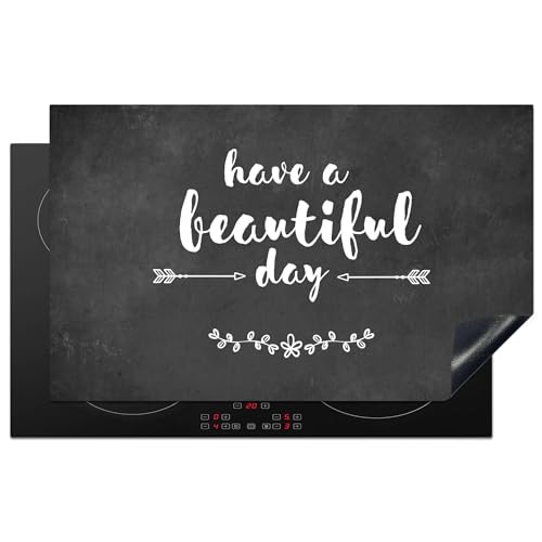 KitchenYeah© Herdabdeckplatte Einteilig Küche Herdabdeckung Induktionsfeld Ceranfeld Herdabdeckplatten Vinyl Matte Aufrollbar Zitat - Einen schönen Tag - Grau - Weiß - Betondruck - 83x51 cm von KitchenYeah