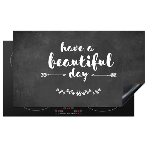 KitchenYeah© Herdabdeckplatte Einteilig Küche Herdabdeckung Induktionsfeld Ceranfeld Herdabdeckplatten Vinyl Matte Aufrollbar Zitat - Einen schönen Tag - Grau - Weiß - Betondruck - 90x52 cm von KitchenYeah