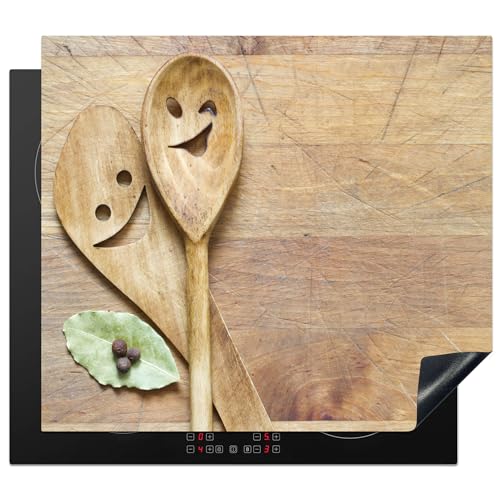 KitchenYeah© Herdabdeckplatte Einteilig Küche Herdabdeckung Ceranfeld Herdabdeckplatten Vinyl Matte Aufrollbar Holz - Löffel - Braun - Smiley - 57x51 cm von KitchenYeah